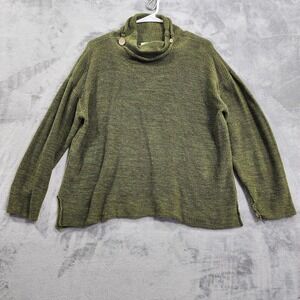 CUBIX Sweater Womens L Green Linen Cotton Cowl Neck Button Pullover Shaggy Knit